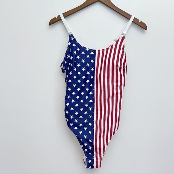 Patriotic USA American Flag Stars and Stripes Lattice One Piece Swimsuit - Picture 16 of 16
